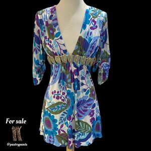 SKY v-neck dress top gold leaf belt kimono XS